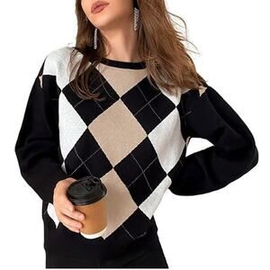 New Small Argyle Knitted Pullover Stretchy Sweater